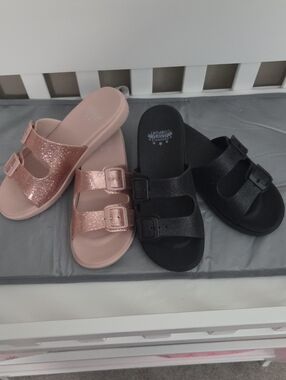 Womens Glitter Double-Buckle Slide Sandals - Pink and Black